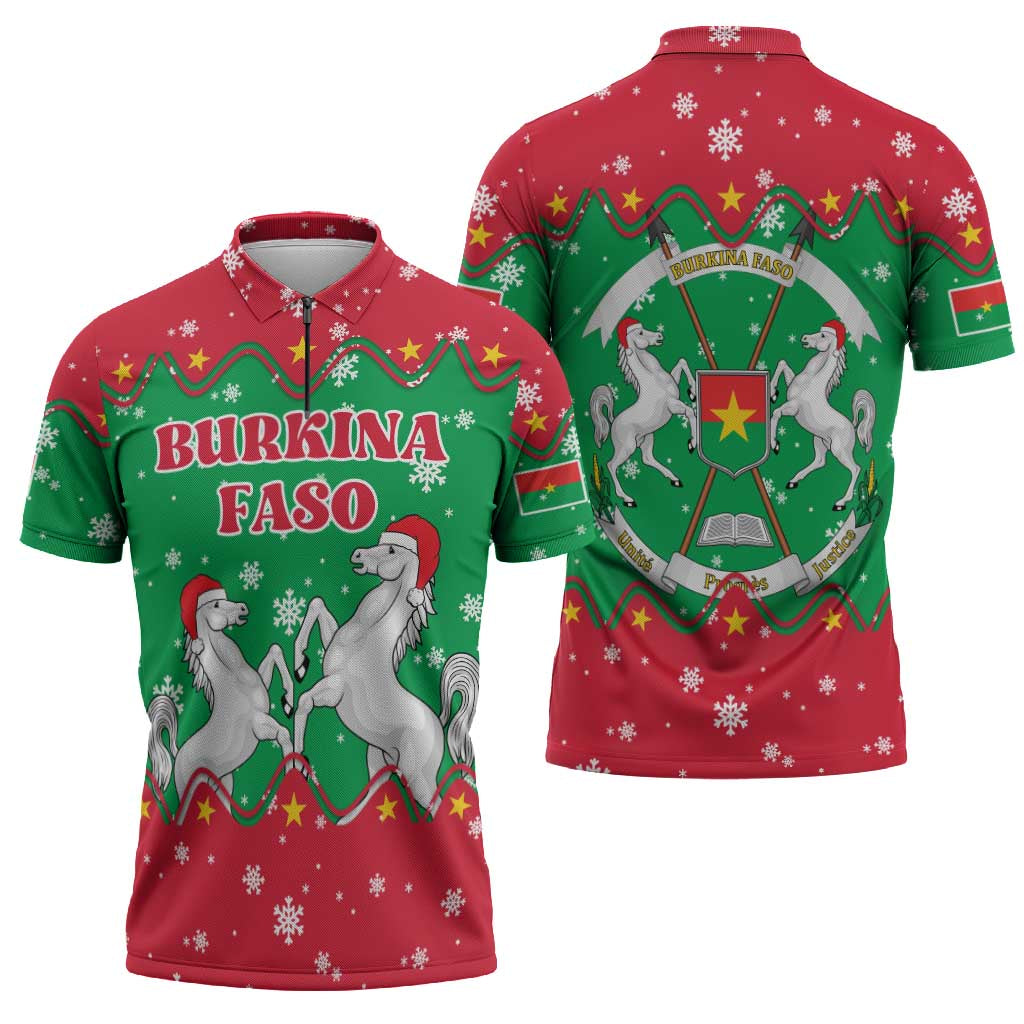 Christmas Burkina Faso Zipper Polo Shirt Snowflake Horses and Coat of Arms - Wonder Print Shop