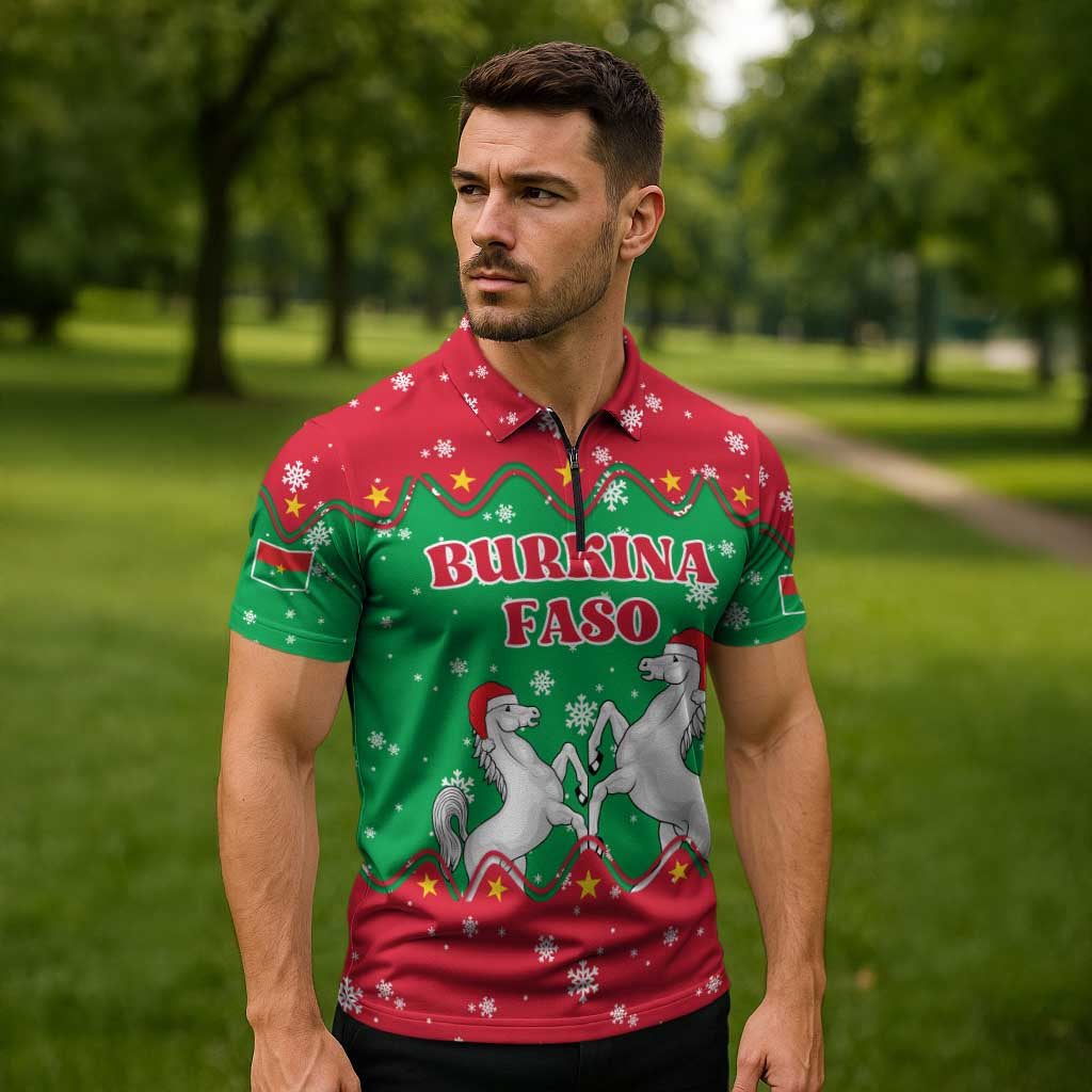 Christmas Burkina Faso Zipper Polo Shirt Snowflake Horses and Coat of Arms - Wonder Print Shop