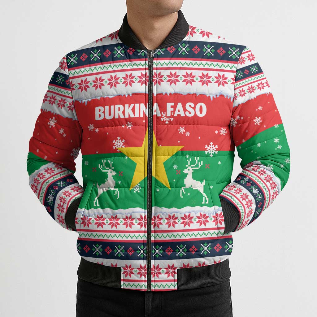 Christmas Burkina Faso Bomber Puffer Jacket Reindeer Star Design - Wonder Print Shop