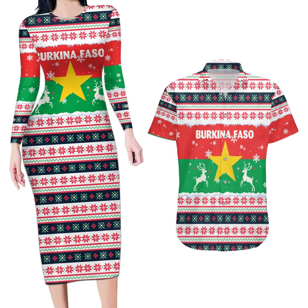 Christmas Burkina Faso Couples Matching Long Sleeve Bodycon Dress and Hawaiian Shirt Reindeer Star Design - Wonder Print Shop