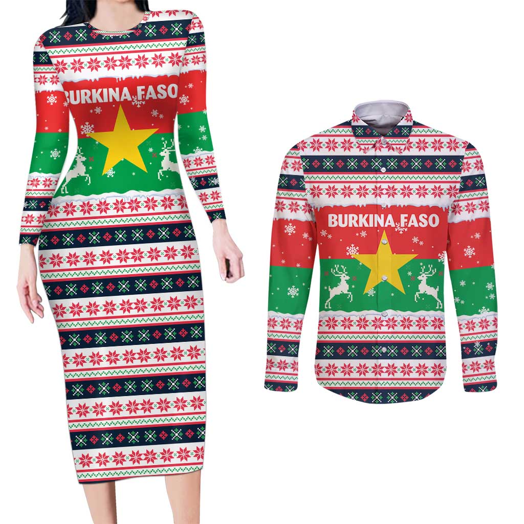 Christmas Burkina Faso Couples Matching Long Sleeve Bodycon Dress and Long Sleeve Button Shirt Reindeer Star Design - Wonder Print Shop