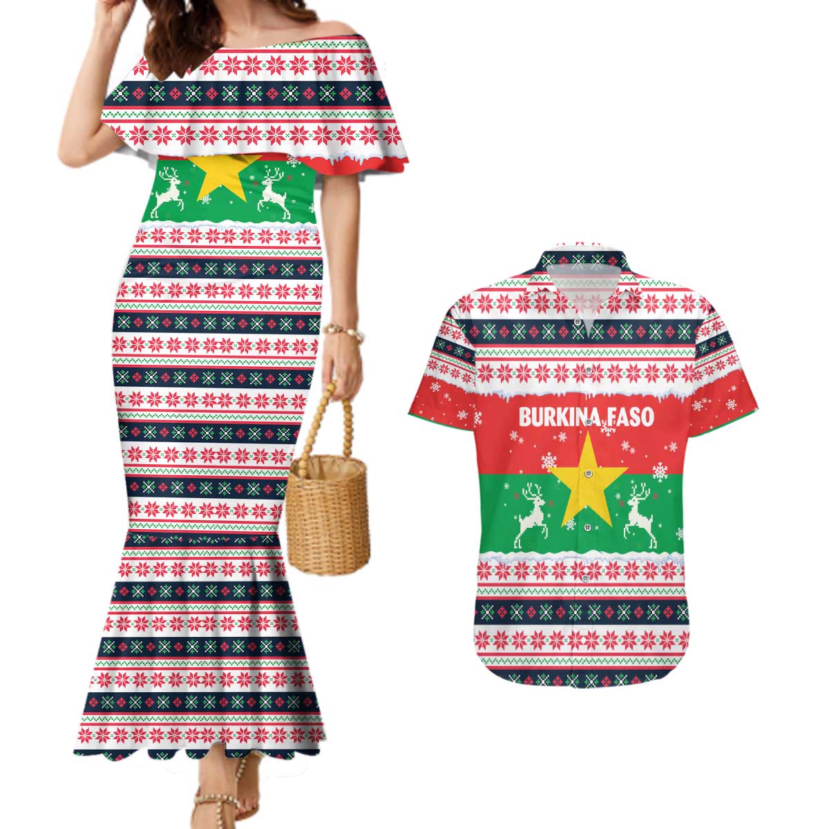 Christmas Burkina Faso Couples Matching Mermaid Dress and Hawaiian Shirt Reindeer Star Design - Wonder Print Shop