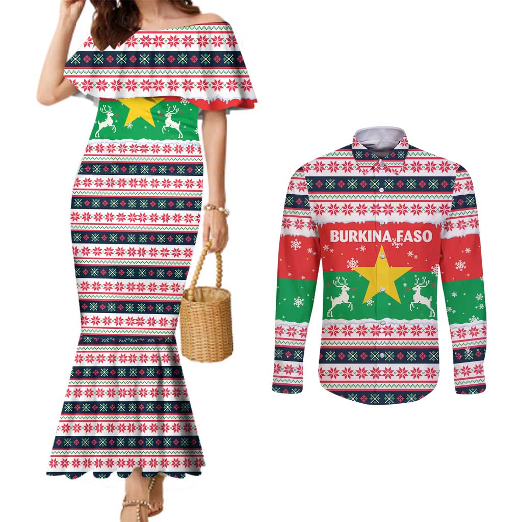 Christmas Burkina Faso Couples Matching Mermaid Dress and Long Sleeve Button Shirt Reindeer Star Design - Wonder Print Shop