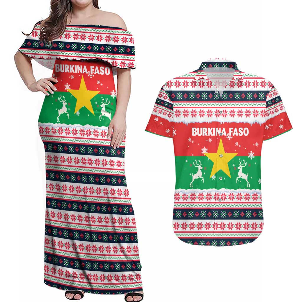 Christmas Burkina Faso Couples Matching Off Shoulder Maxi Dress and Hawaiian Shirt Reindeer Star Design - Wonder Print Shop