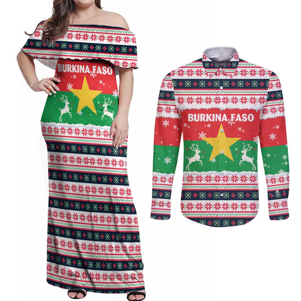 Christmas Burkina Faso Couples Matching Off Shoulder Maxi Dress and Long Sleeve Button Shirt Reindeer Star Design - Wonder Print Shop