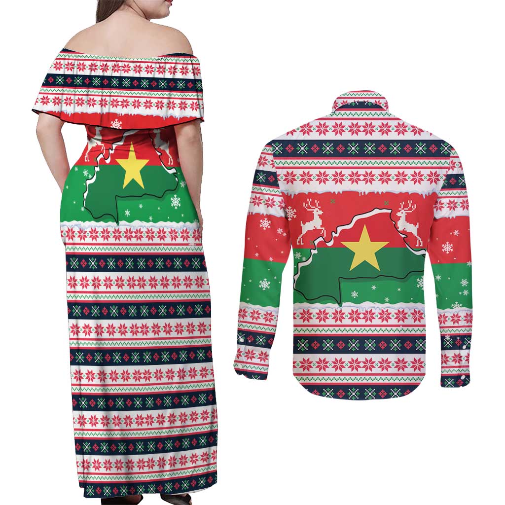Christmas Burkina Faso Couples Matching Off Shoulder Maxi Dress and Long Sleeve Button Shirt Reindeer Star Design - Wonder Print Shop