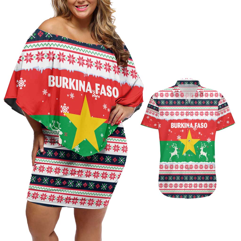 Christmas Burkina Faso Couples Matching Off Shoulder Short Dress and Hawaiian Shirt Reindeer Star Design - Wonder Print Shop