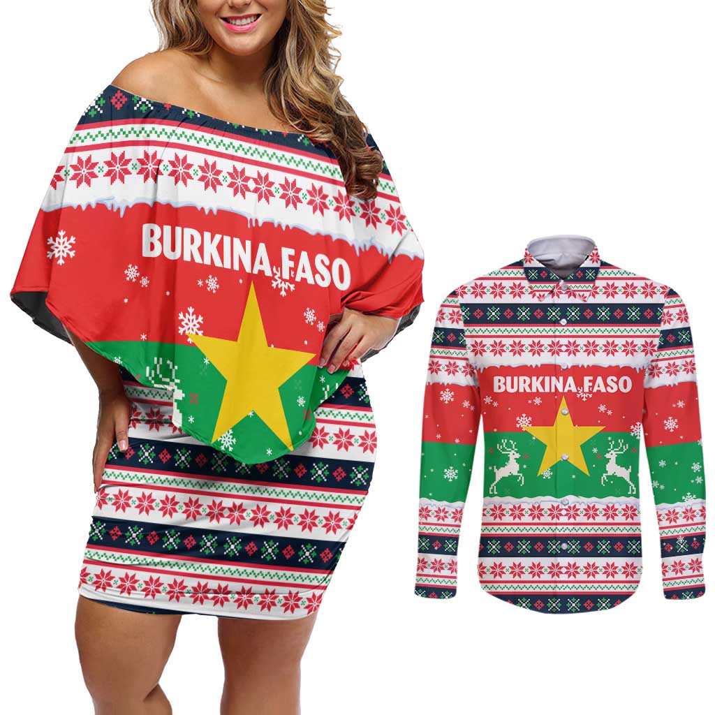 Christmas Burkina Faso Couples Matching Off Shoulder Short Dress and Long Sleeve Button Shirt Reindeer Star Design - Wonder Print Shop