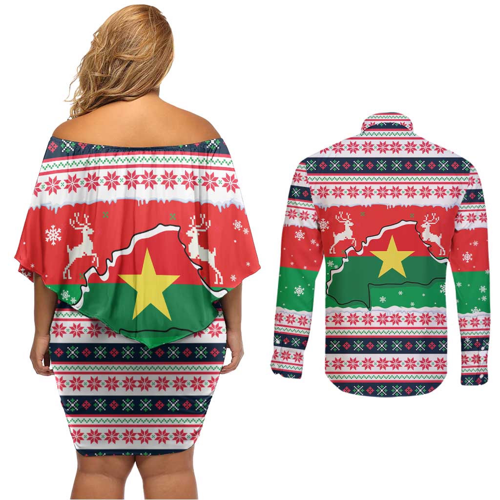 Christmas Burkina Faso Couples Matching Off Shoulder Short Dress and Long Sleeve Button Shirt Reindeer Star Design - Wonder Print Shop