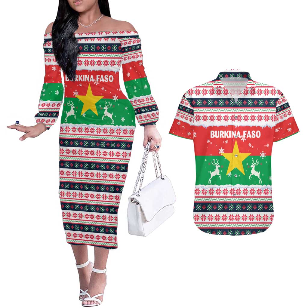 Christmas Burkina Faso Couples Matching Off The Shoulder Long Sleeve Dress and Hawaiian Shirt Reindeer Star Design - Wonder Print Shop