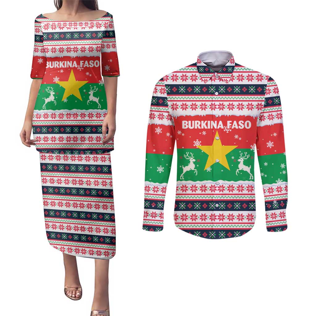 Christmas Burkina Faso Couples Matching Puletasi and Long Sleeve Button Shirt Reindeer Star Design - Wonder Print Shop