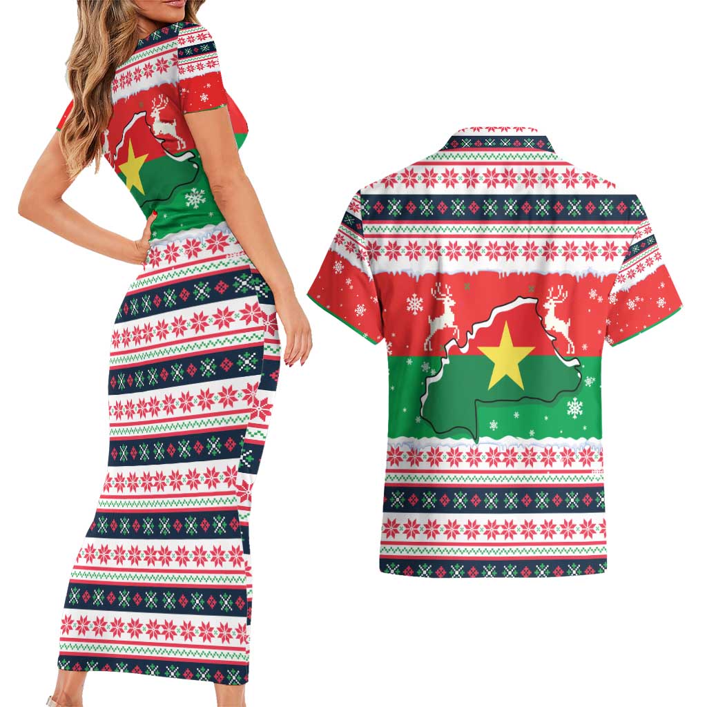 Christmas Burkina Faso Couples Matching Short Sleeve Bodycon Dress and Hawaiian Shirt Reindeer Star Design - Wonder Print Shop
