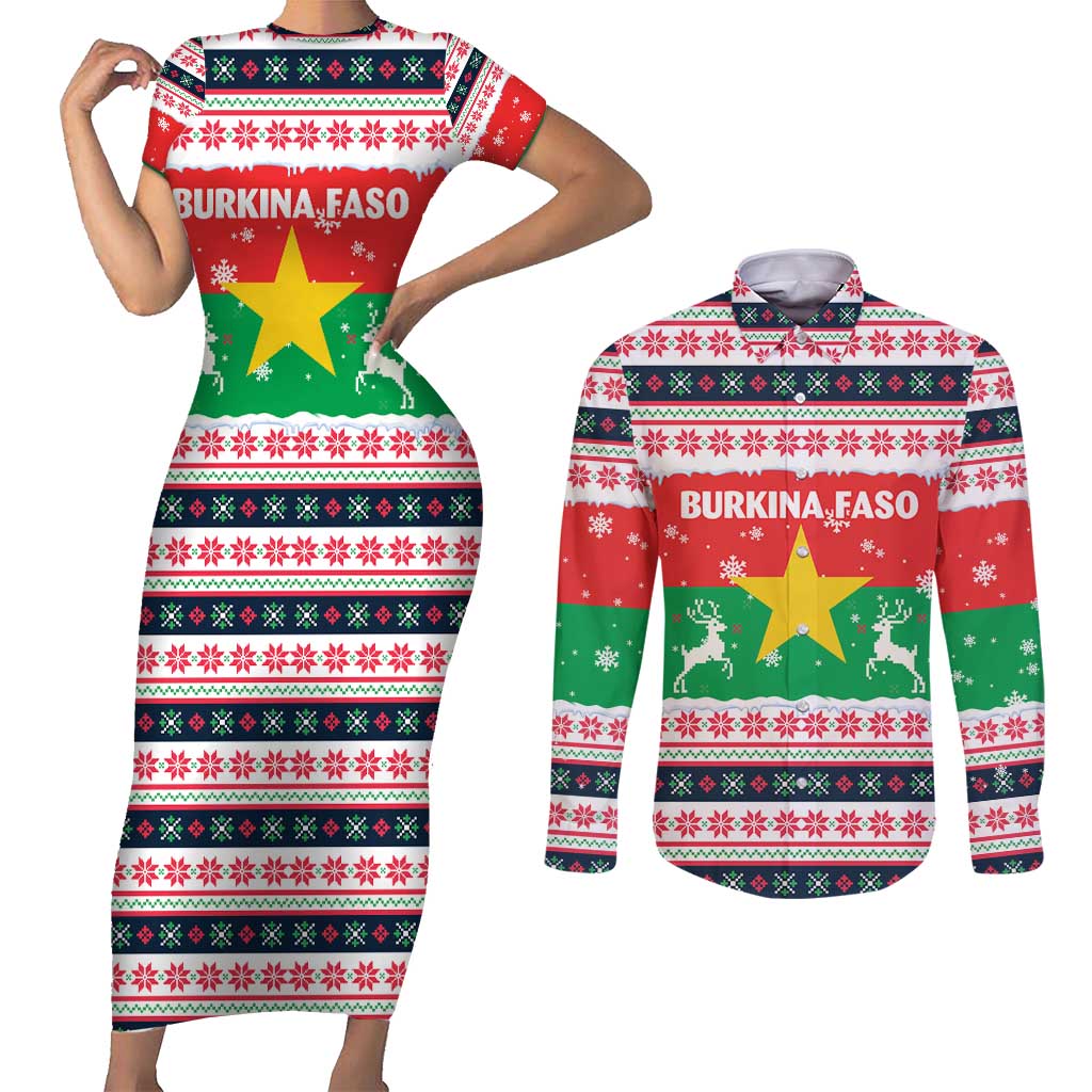 Christmas Burkina Faso Couples Matching Short Sleeve Bodycon Dress and Long Sleeve Button Shirt Reindeer Star Design - Wonder Print Shop