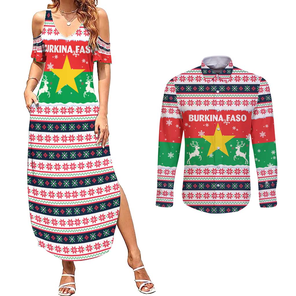 Christmas Burkina Faso Couples Matching Summer Maxi Dress and Long Sleeve Button Shirt Reindeer Star Design - Wonder Print Shop