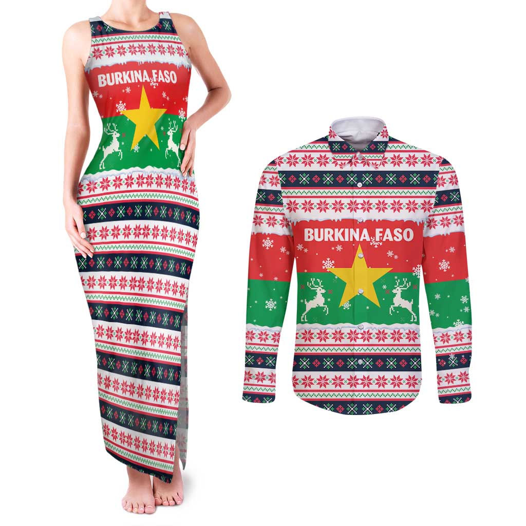 Christmas Burkina Faso Couples Matching Tank Maxi Dress and Long Sleeve Button Shirt Reindeer Star Design - Wonder Print Shop