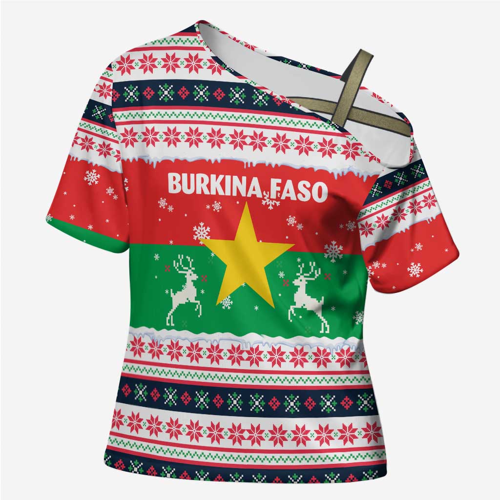Christmas Burkina Faso Cross Shoulder Shirt Reindeer Star Design - Wonder Print Shop