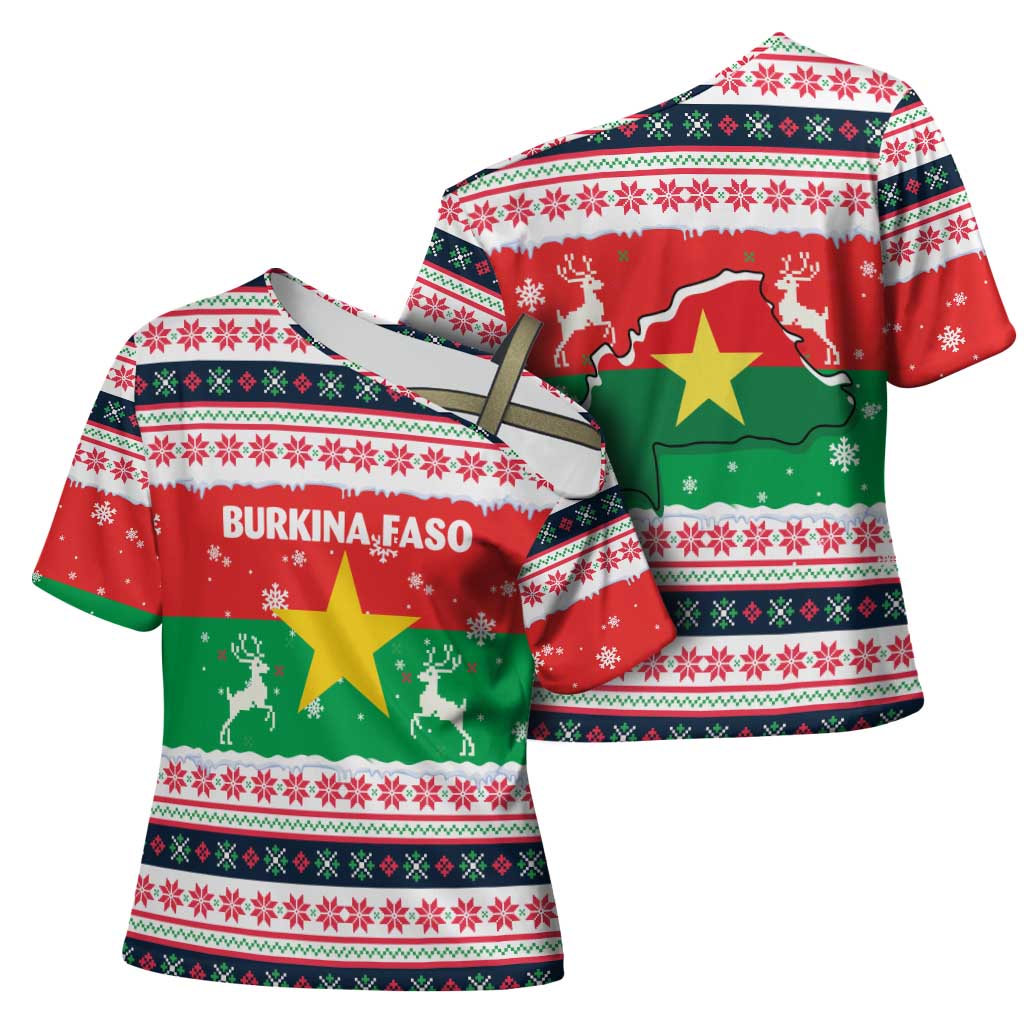 Christmas Burkina Faso Cross Shoulder Shirt Reindeer Star Design - Wonder Print Shop