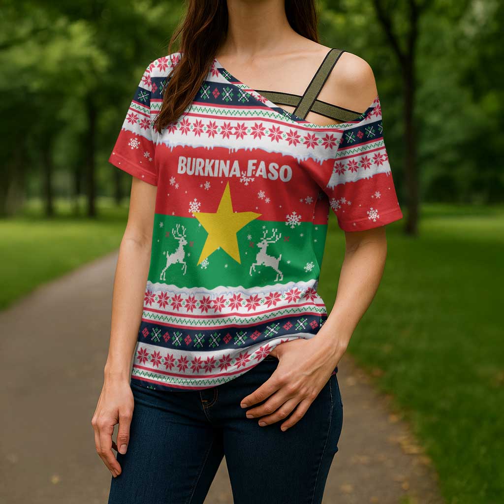 Christmas Burkina Faso Cross Shoulder Shirt Reindeer Star Design - Wonder Print Shop