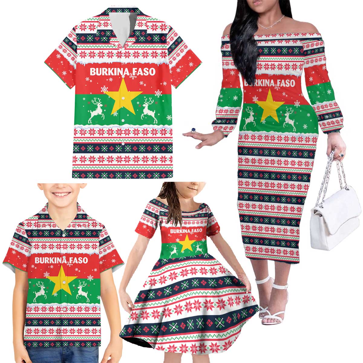 Christmas Burkina Faso Family Matching Off The Shoulder Long Sleeve Dress and Hawaiian Shirt Reindeer Star Design - Wonder Print Shop