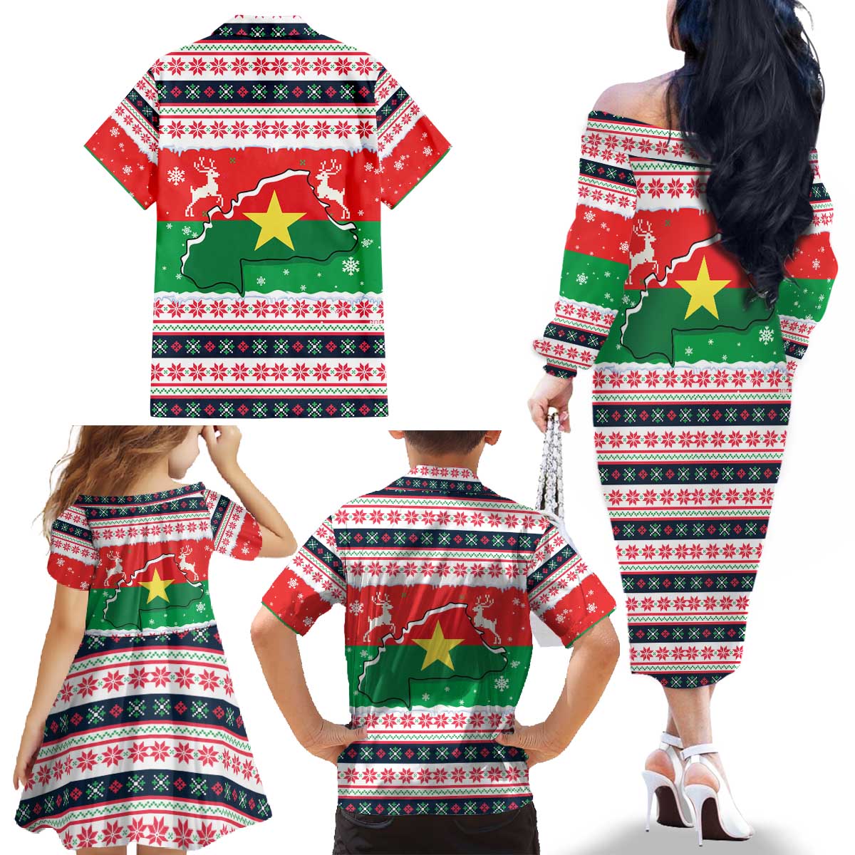 Christmas Burkina Faso Family Matching Off The Shoulder Long Sleeve Dress and Hawaiian Shirt Reindeer Star Design - Wonder Print Shop