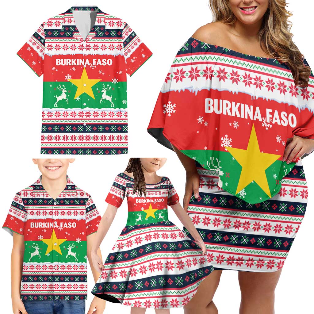 Christmas Burkina Faso Family Matching Off Shoulder Short Dress and Hawaiian Shirt Reindeer Star Design - Wonder Print Shop