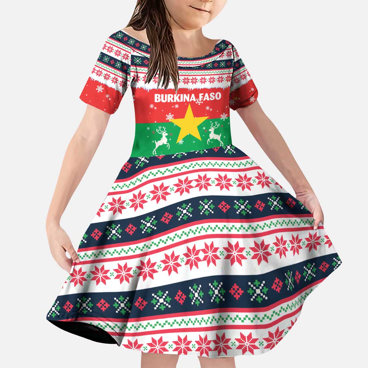 Christmas Burkina Faso Kid Short Sleeve Dress Reindeer Star Design - Wonder Print Shop