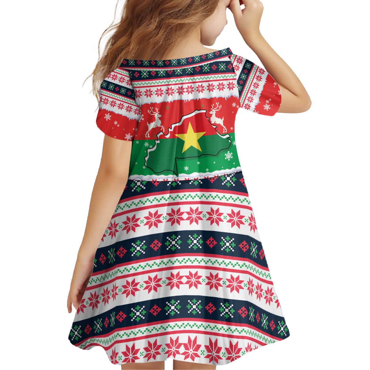 Christmas Burkina Faso Kid Short Sleeve Dress Reindeer Star Design - Wonder Print Shop
