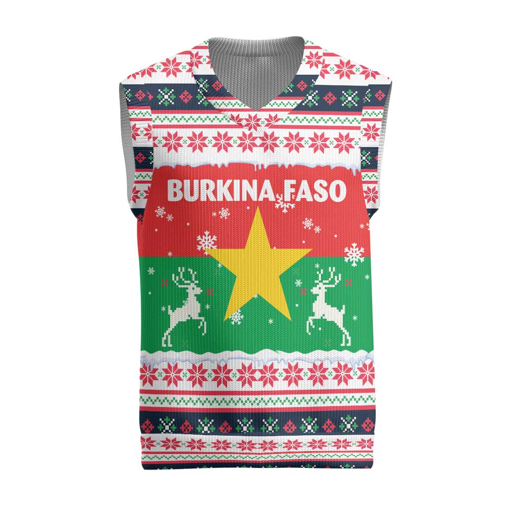 Christmas Burkina Faso Christmas Knitted V-Neck Vest Reindeer Star Design - Wonder Print Shop