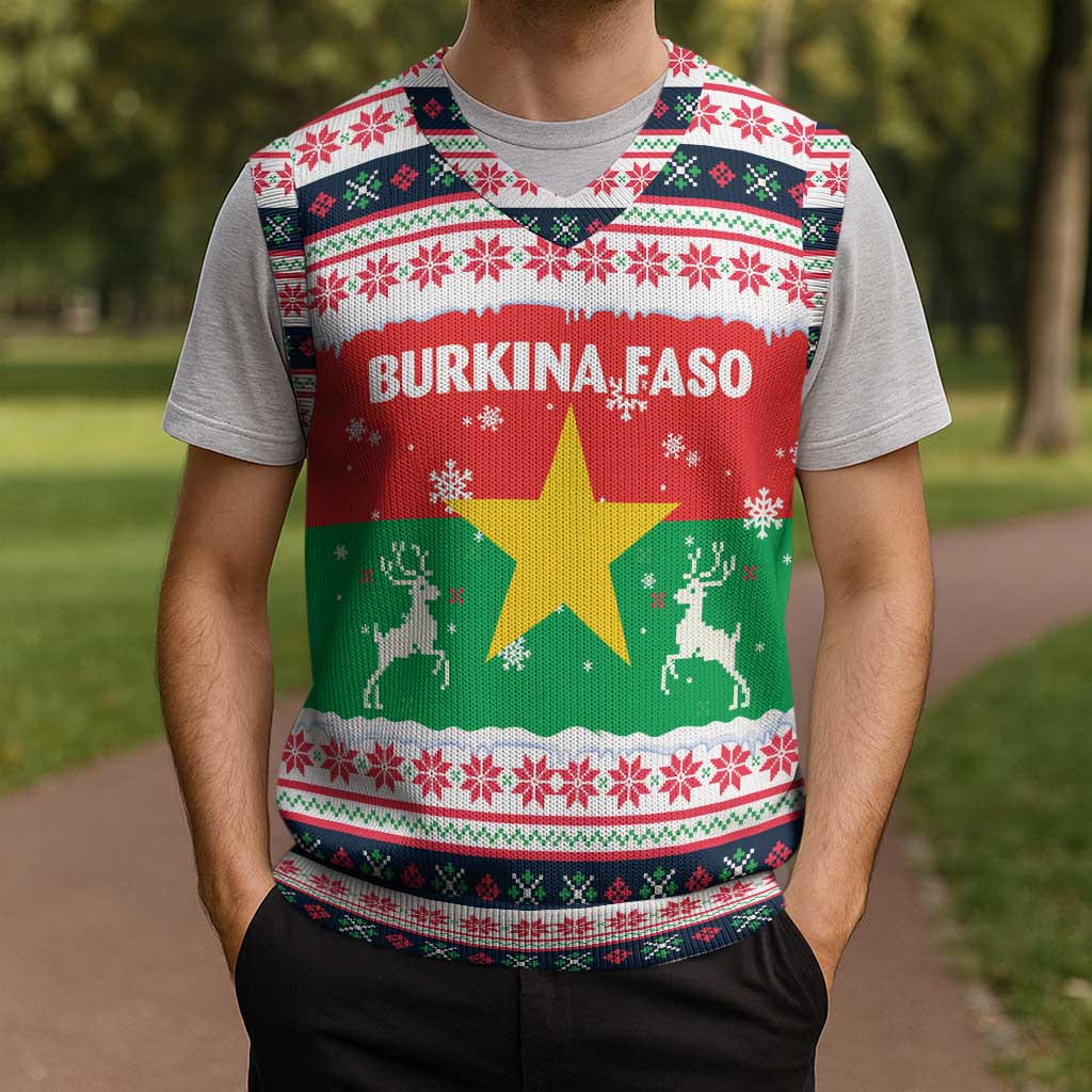 Christmas Burkina Faso Christmas Knitted V-Neck Vest Reindeer Star Design - Wonder Print Shop