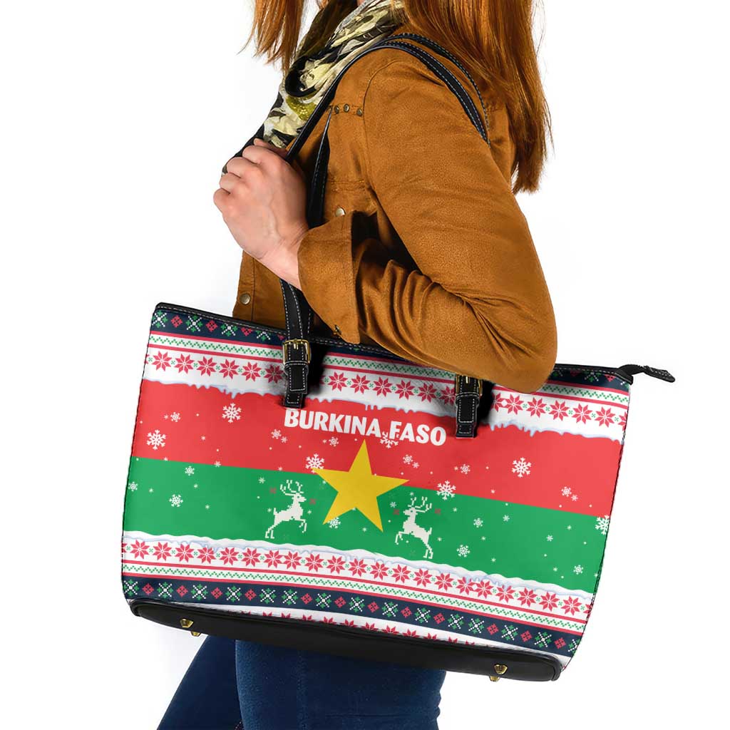 Christmas Burkina Faso Leather Tote Bag Reindeer Star Design - Wonder Print Shop