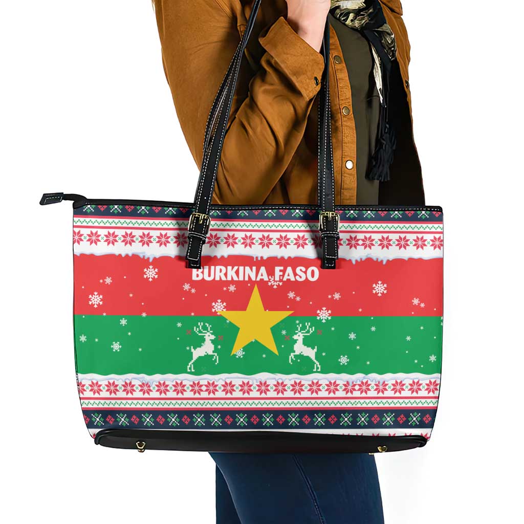 Christmas Burkina Faso Leather Tote Bag Reindeer Star Design - Wonder Print Shop