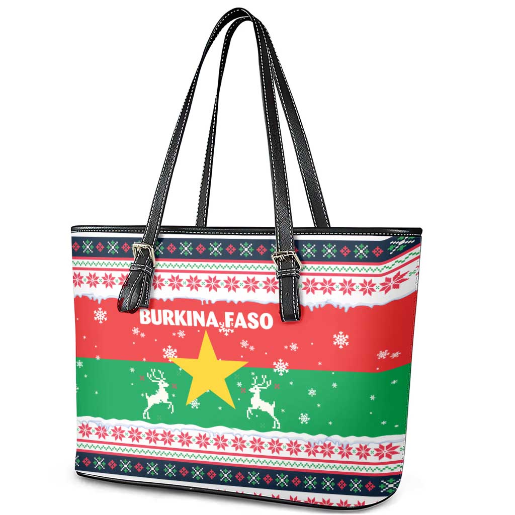 Christmas Burkina Faso Leather Tote Bag Reindeer Star Design - Wonder Print Shop