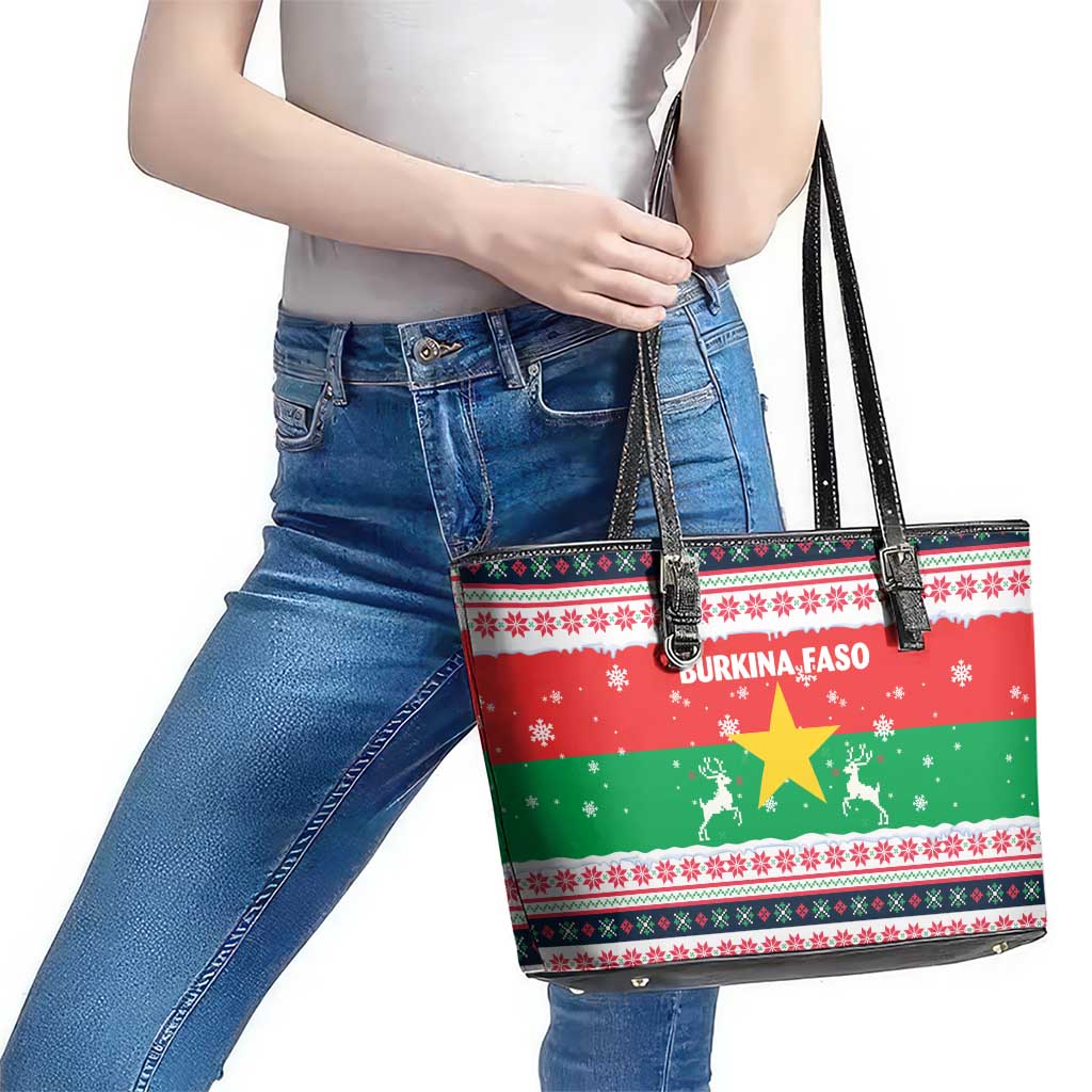 Christmas Burkina Faso Leather Tote Bag Reindeer Star Design - Wonder Print Shop