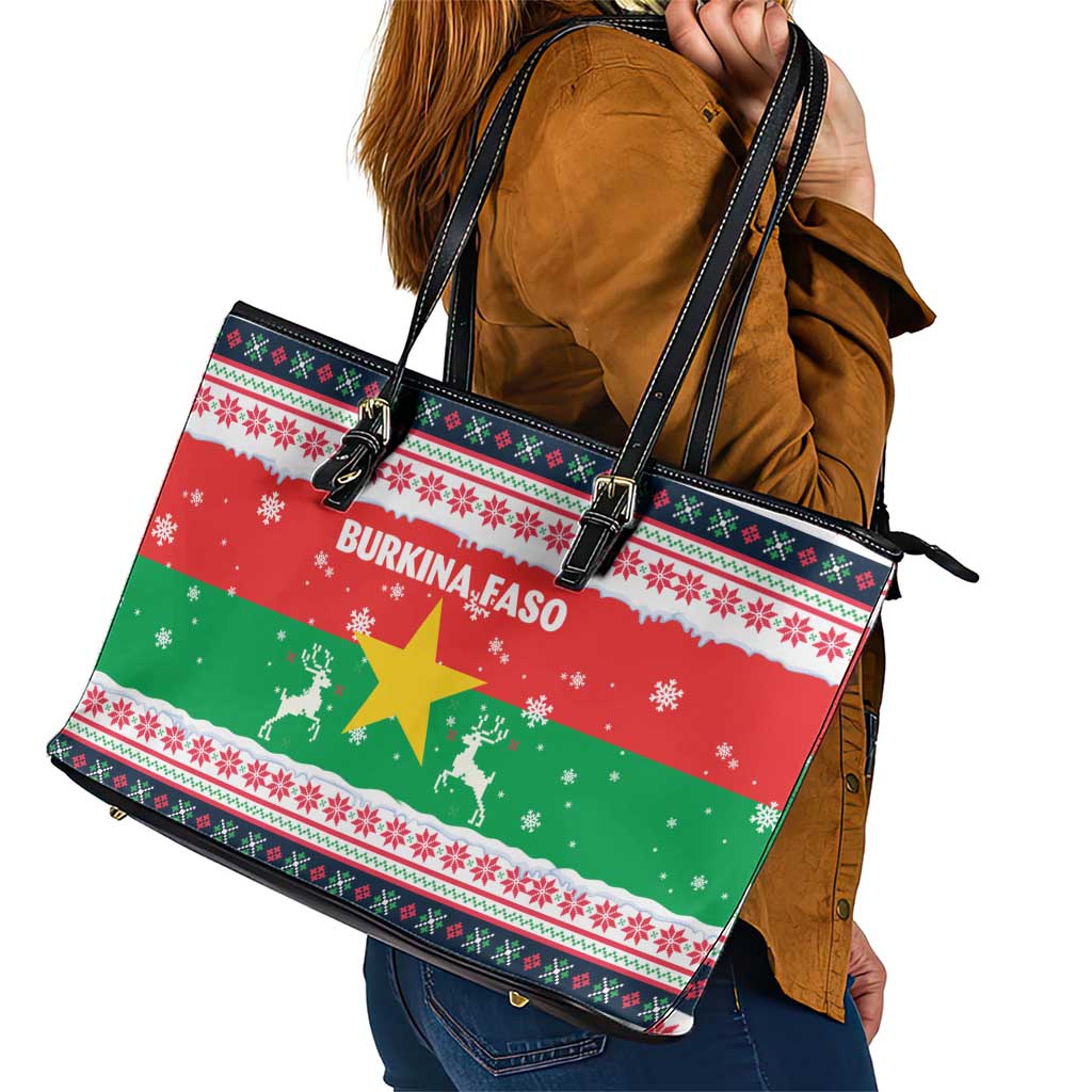 Christmas Burkina Faso Leather Tote Bag Reindeer Star Design - Wonder Print Shop