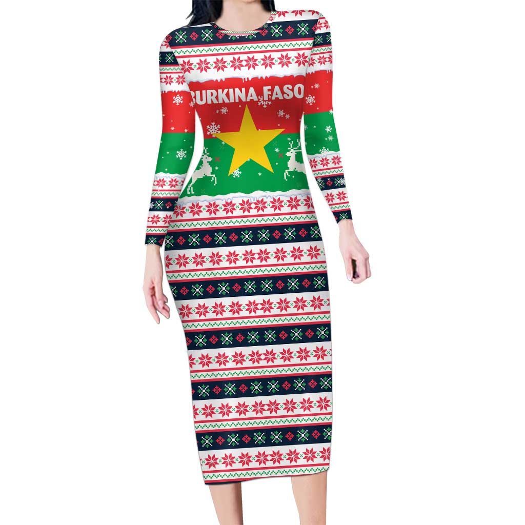Christmas Burkina Faso Long Sleeve Bodycon Dress Reindeer Star Design - Wonder Print Shop