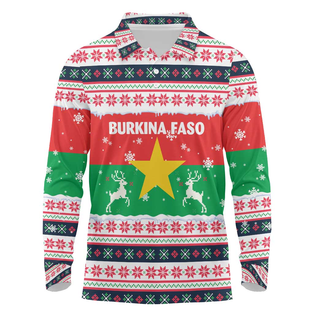 Christmas Burkina Faso Long Sleeve Polo Shirt Reindeer Star Design - Wonder Print Shop