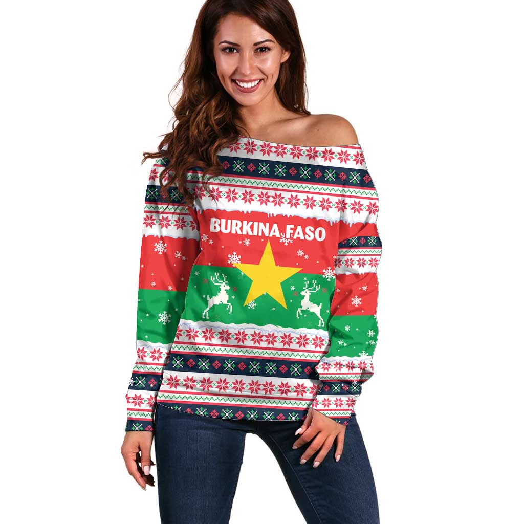 Christmas Burkina Faso Off Shoulder Sweater Reindeer Star Design - Wonder Print Shop