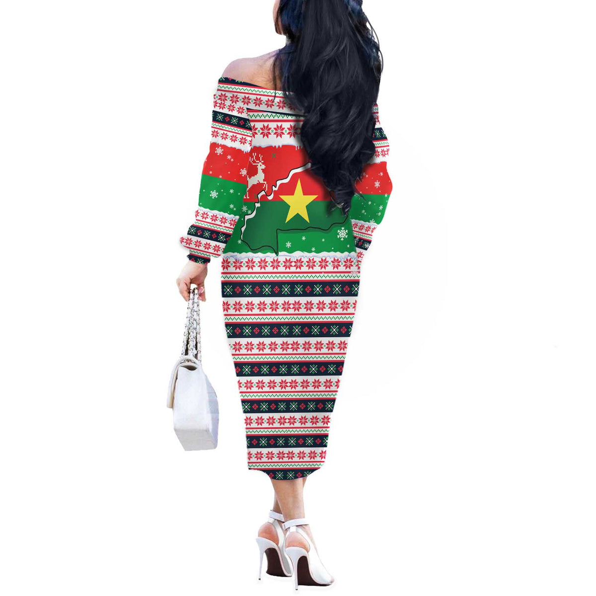 Christmas Burkina Faso Off The Shoulder Long Sleeve Dress Reindeer Star Design - Wonder Print Shop