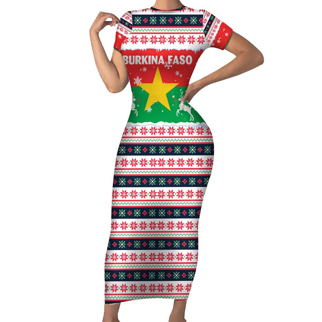 Christmas Burkina Faso Short Sleeve Bodycon Dress Reindeer Star Design - Wonder Print Shop
