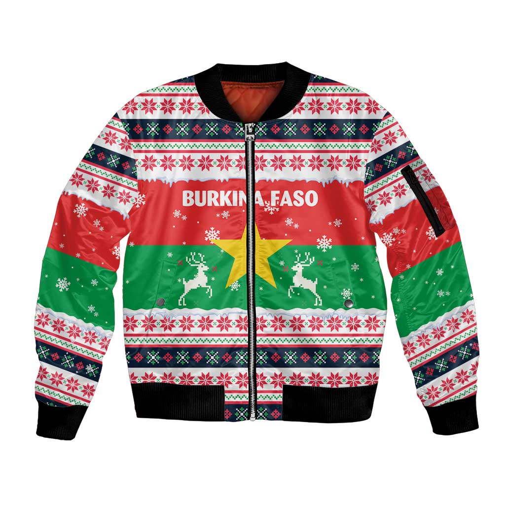 Christmas Burkina Faso Sleeve Zip Bomber Jacket Reindeer Star Design - Wonder Print Shop