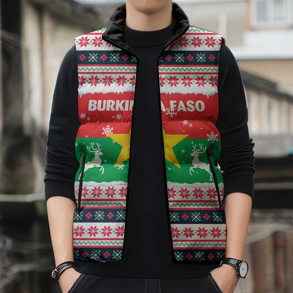 Christmas Burkina Faso Sleeveless Puffer Jacket Reindeer Star Design - Wonder Print Shop