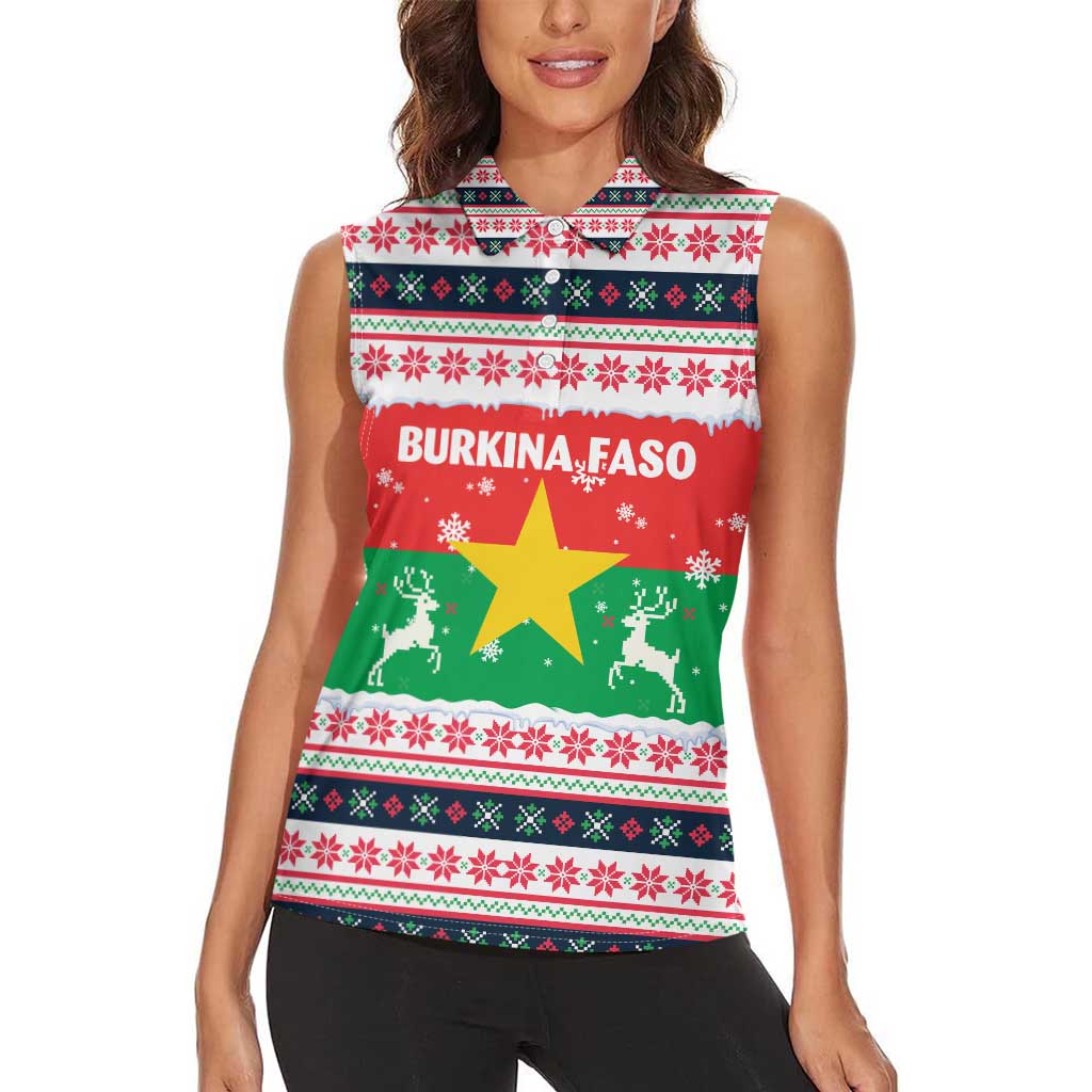Christmas Burkina Faso Women Sleeveless Polo Shirt Reindeer Star Design - Wonder Print Shop