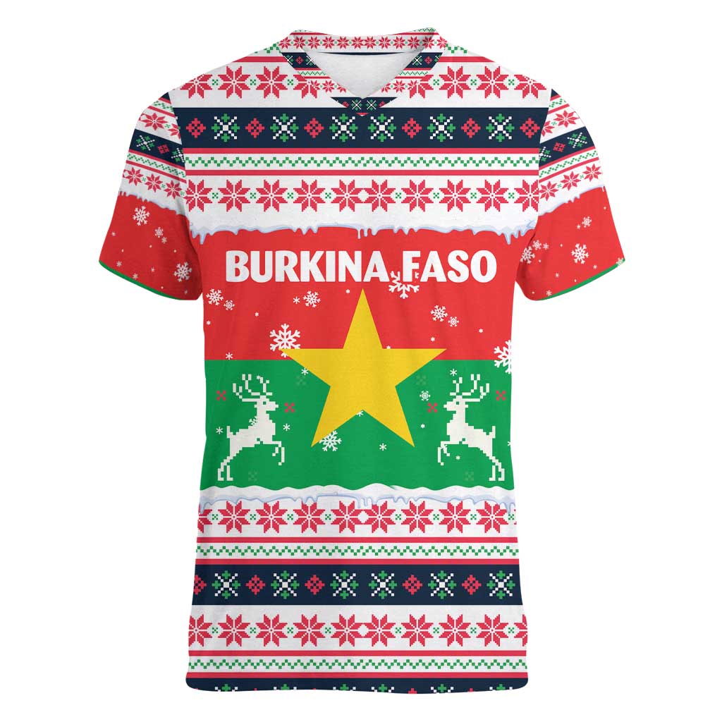 Christmas Burkina Faso Women V-Neck T-Shirt Reindeer Star Design - Wonder Print Shop