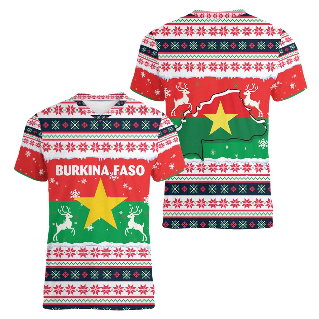 Christmas Burkina Faso Women V-Neck T-Shirt Reindeer Star Design - Wonder Print Shop