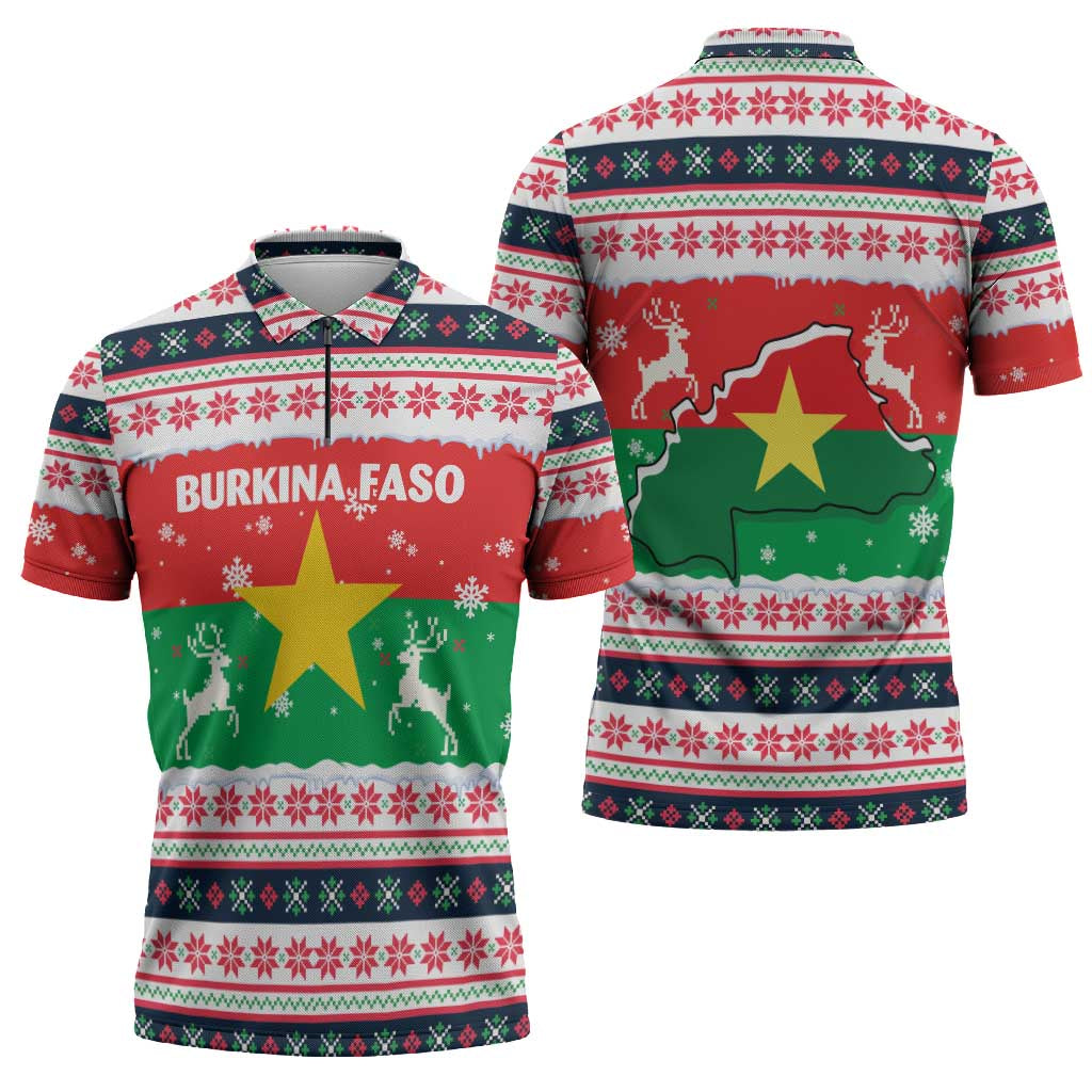 Christmas Burkina Faso Zipper Polo Shirt Reindeer Star Design - Wonder Print Shop