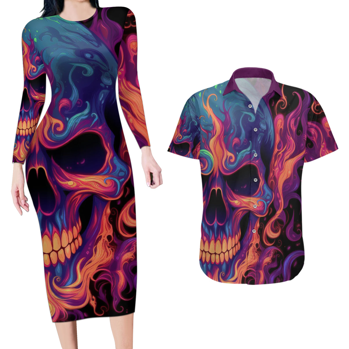Colorful Fire Skull Couples Matching Long Sleeve Bodycon Dress and Hawaiian Shirt I'm not rude i just have the balls to say what everyone else is Thingking - Wonder Print Shop