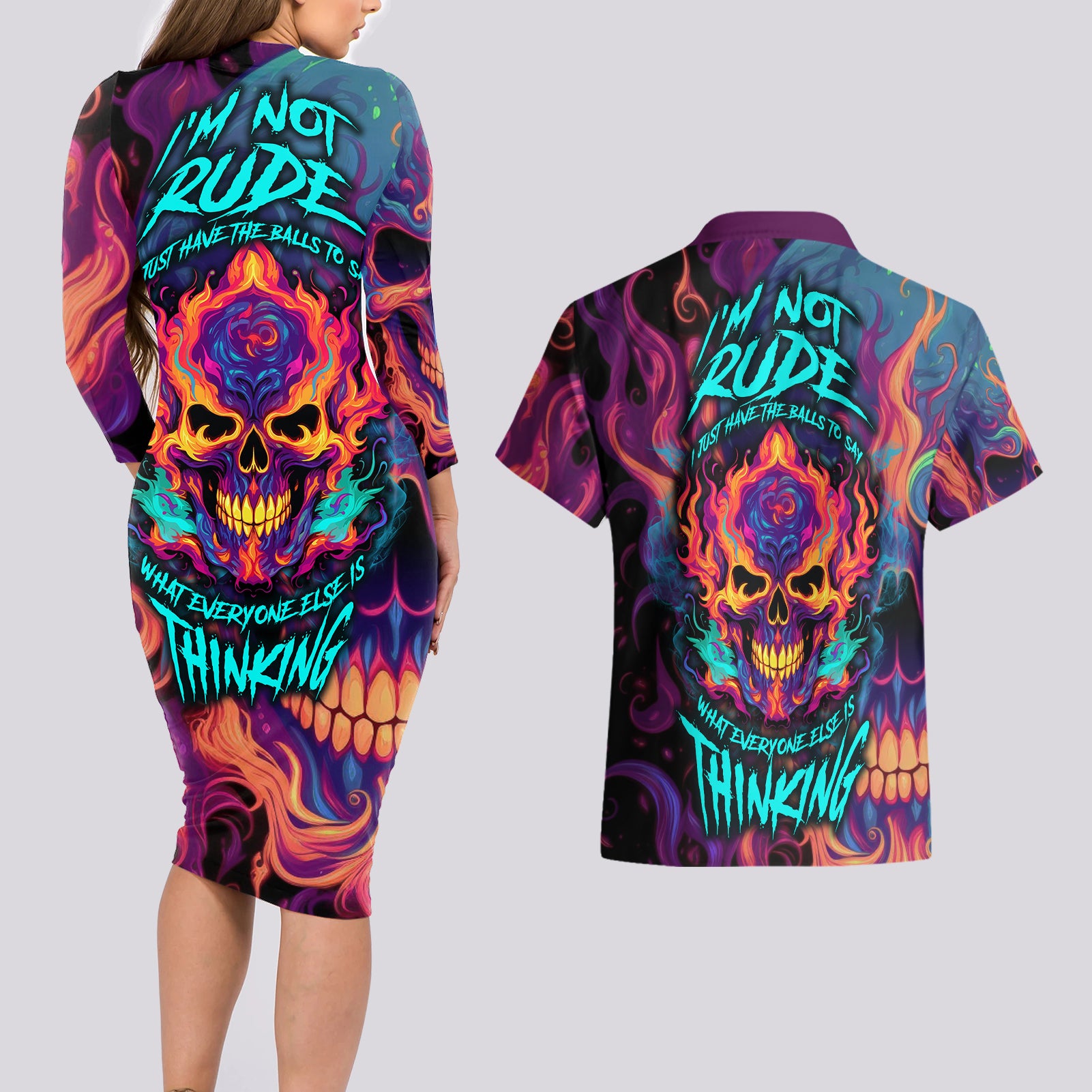 Colorful Fire Skull Couples Matching Long Sleeve Bodycon Dress and Hawaiian Shirt I'm not rude i just have the balls to say what everyone else is Thingking - Wonder Print Shop
