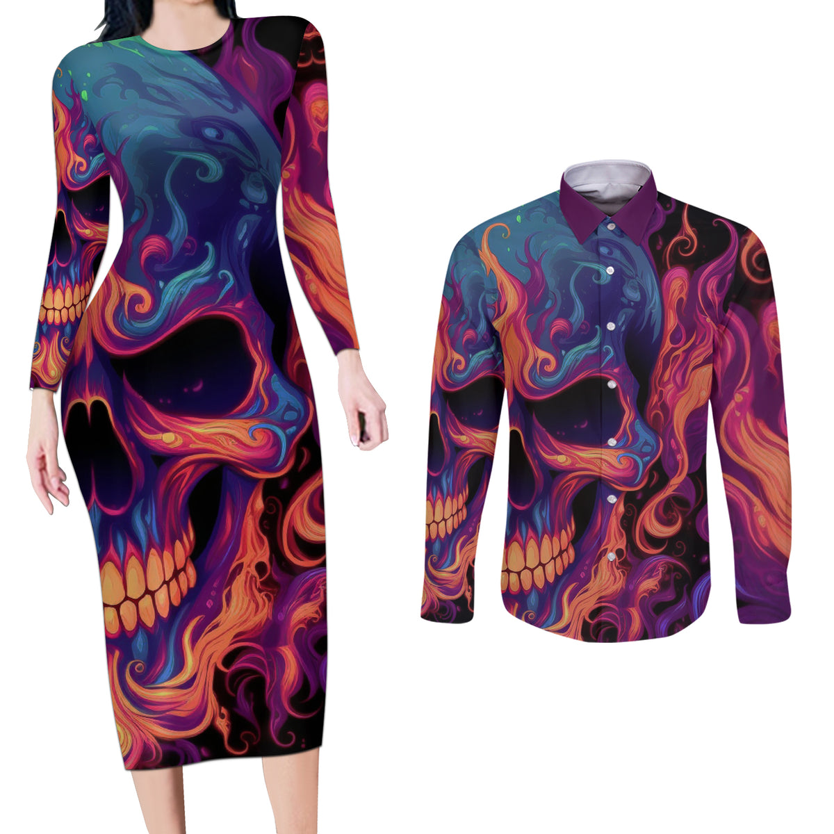 Colorful Fire Skull Couples Matching Long Sleeve Bodycon Dress and Long Sleeve Button Shirts I'm not rude i just have the balls to say what everyone else is Thingking - Wonder Print Shop