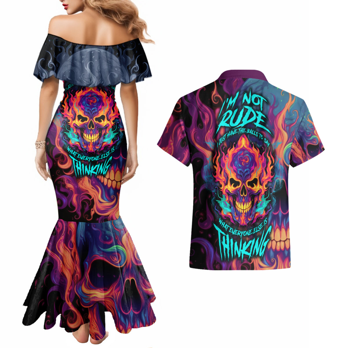 Colorful Fire Skull Couples Matching Mermaid Dress and Hawaiian Shirt I'm not rude i just have the balls to say what everyone else is Thingking - Wonder Print Shop