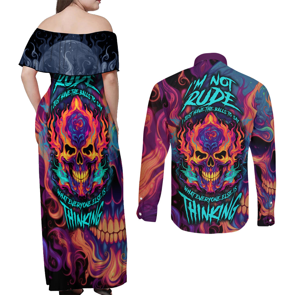 Colorful Fire Skull Couples Matching Off Shoulder Maxi Dress and Long Sleeve Button Shirts I'm not rude i just have the balls to say what everyone else is Thingking - Wonder Print Shop